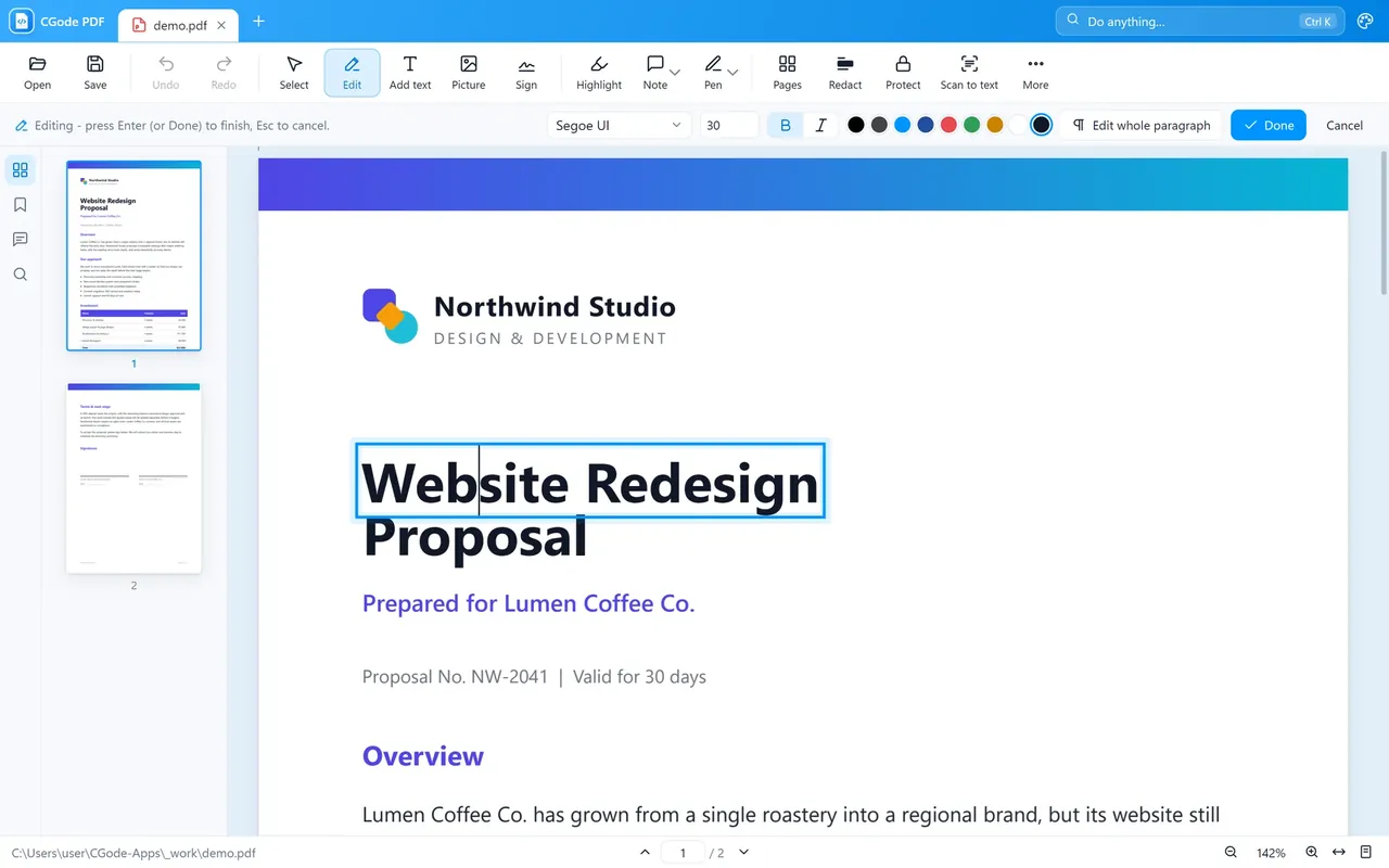 CGode PDF editing the title of a PDF proposal in the same font