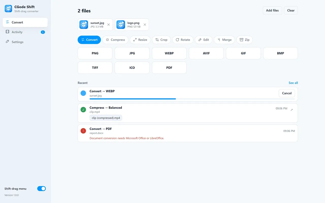 CGode Shift converting a photo to WEBP with recent jobs listed below